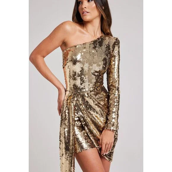 Nadine Merabi Celina Gold Sequin Dress Medium - Picture 5 of 15